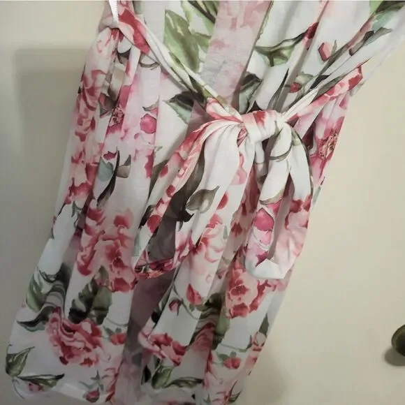#32 Show Me Your Mumu Pink Floral Short Open Front Robe w/Belt, S - Picture 5 of 6